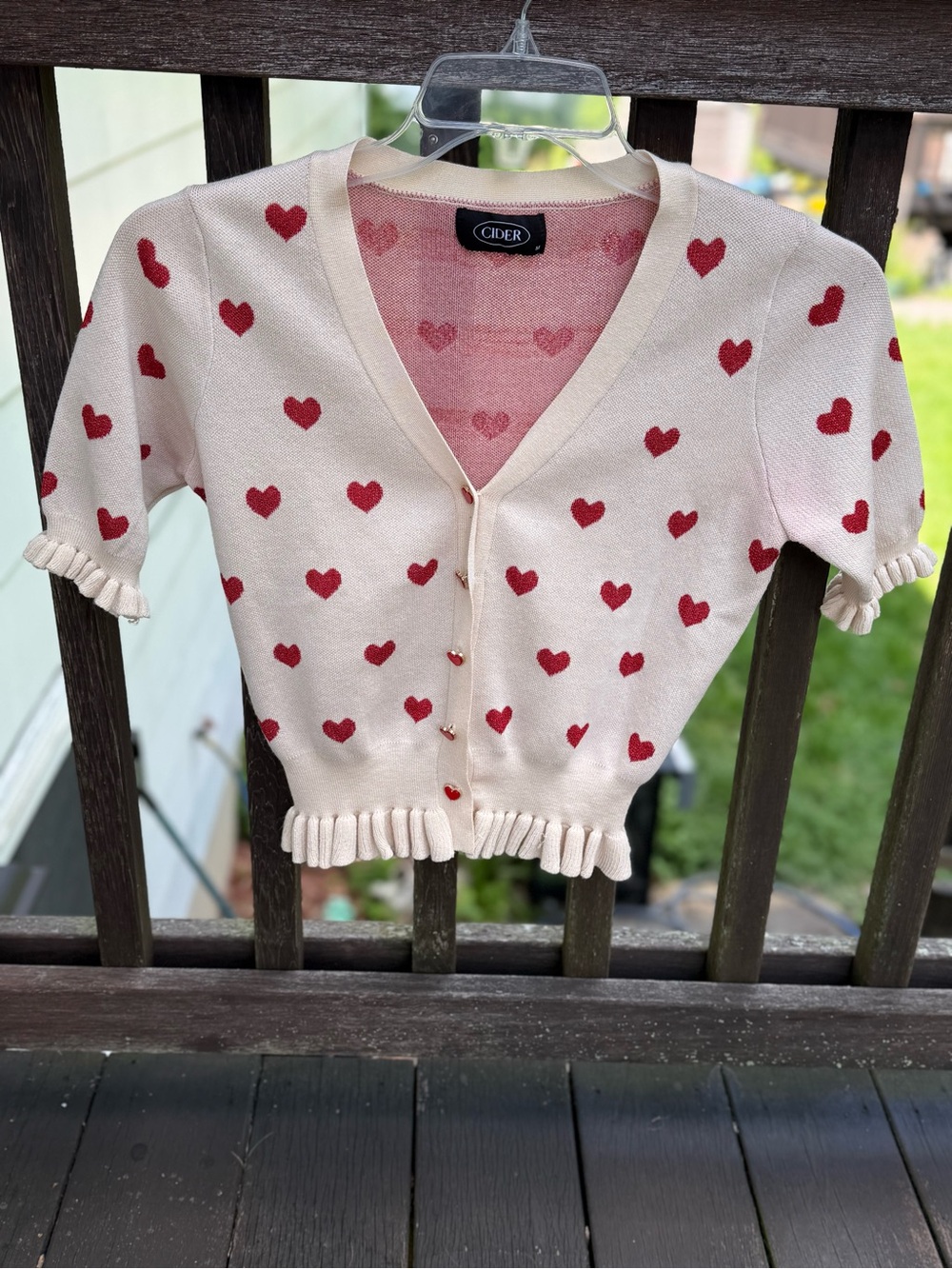 Cider Heart Print Ruffle Hem Cardigan Size Medium